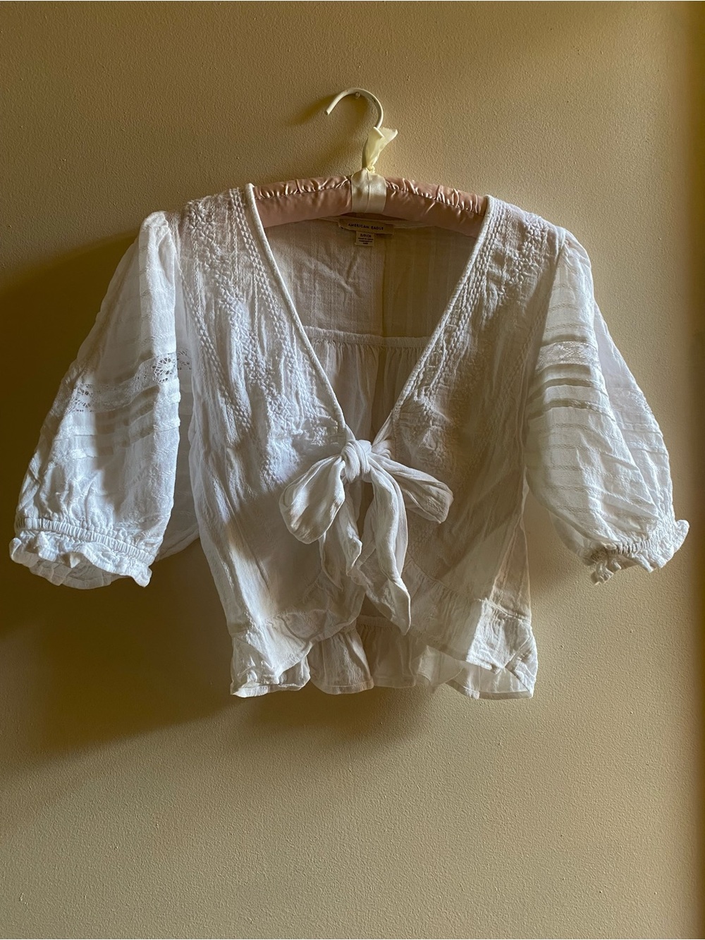American Eagle Outfitters White Tie-Front Peasant Top